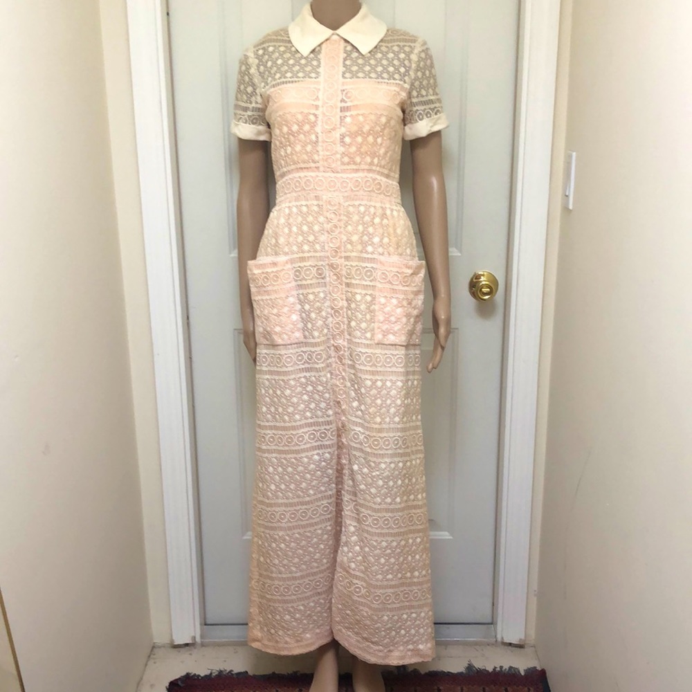 Vintage 1940’s Pink Midi Sheath Wiggle Dress Collared Embroidered Lace Overlay